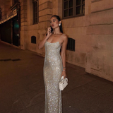 Enchanting Silvery Glittering Sequin Mermaid Long Prom Dress Evening Dress HZ1024