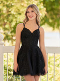 Charming Black Lace Design A-line Lace-up Spaghetti Strap Homecoming Dress HZ1024
