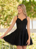 Charming Black Lace Design A-line Lace-up Spaghetti Strap Homecoming Dress HZ1024