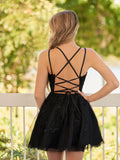 Charming Black Lace Design A-line Lace-up Spaghetti Strap Homecoming Dress HZ1024