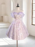 Vintage Light Purple Applique Floral Beaded Off-the-shoulder Design A-line Tulle Party Dress Homecoming Dress HZ1024