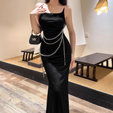 Gorgeous Black Spaghetti Strap Waist Chain Mermaid Long Prom Dress Evening Dress HZ1024