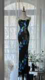 Retro Black Floral Spaghetti Strap Design Romantic Chiffon Evening Dress Prom Dress HZ1024