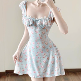 Cute Light Blue Floral Square-neck A-Line Short Summer Dresses Party Dress Homecoming Dress HZ1024