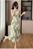 New Fashion Green Floral Embroidery Design Midi A-line Spaghetti Strap Dress HZ1024