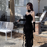 Vintage Glittering Sequin Sweetheart Spaghetti Strap Ruffled High Slit Prom Dress Evening Dress HZ1024