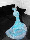 Gorgeous Sparkling Blue Beaded Sequin Mermaid Elegant Chiffon Tulle Evening Dress Prom Dresses HZ1024