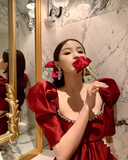 Vintage Burgundy A-Line Homecoming Dress Beaded Short Puff Sleeves Party Dress A-Line Cocktail Dress HZ1024