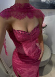 Vintage Fuchsia Sheath Lace Evening Gown High Slit Party Dress Long Formal Dress HZ1024