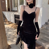 Vintage Glittering Sequin Sweetheart Spaghetti Strap Ruffled High Slit Prom Dress Evening Dress HZ1024