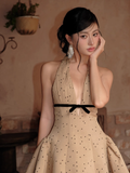 Vintage Khaki Polka Dot A-Line Homecoming Dress Halter-neck Party Dress Short Cocktail Dress HZ1024