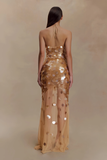 Elegant Golden Sparkling Sequin Sheath Evening Gown Halter-neck Party Dress Tulle Long Formal Dress HZ1024