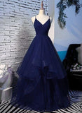 Beautiful Navy Blue Tulle V-neckline Straps Long Party Dress, Blue Formal Gown HZ1024