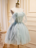 Vintage Light Blue Beaded Off-the-shoulder Design A-line Tulle Party Dress Homecoming Dress HZ1024