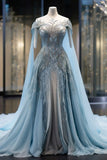 Vintage Light Blue Chiffon Applique Sequin Off-the-shoulder Design Elegant A-Line Evening Dress Prom Dress HZ1024