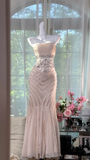 Gorgeous Pink Embroidery Spaghetti Strap Mermaid Chiffon Prom Dress Evening Dress HZ1024