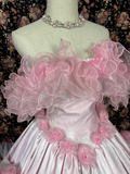 Vintage Pink Satin Tulle 3D Flowers Off-the-shoulder Sweet 16 Quinceanera A-Line Evening Dress Ball Gown HZ1024