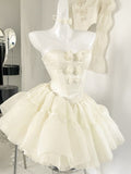 New Fashion Bow Design Sleeveless Strapless Mini Party Dress Cream White Homecoming Dress HZ1024