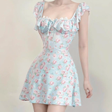 Cute Light Blue Floral Square-neck A-Line Short Summer Dresses Party Dress Homecoming Dress HZ1024