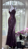 Gorgeous Purple Beaded Sequin V-neck Mermaid Elegant Chiffon Evening Dress Prom Dresses HZ1024