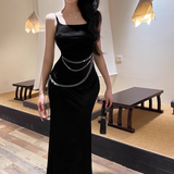 Gorgeous Black Spaghetti Strap Waist Chain Mermaid Long Prom Dress Evening Dress HZ1024