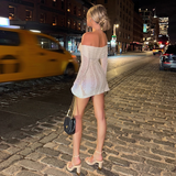 Vintage White Lace Off-the-shoulder Sheath Long-sleeved Short Summer Dresses Party Dress Homecoming Dress HZ1024