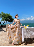 New Fashion Floral V-neck Design Elegant Beach Holiday A-line Sleeveless Halter Dress Summer HZ1024