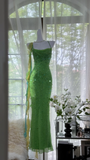 Vintage Shiny Sequin Green Spaghetti Strap Design A-line Romantic Chiffon Evening Dress Prom Dress HZ1024