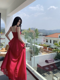 New Elegant Stylish Rose Red High-waisted Spaghetti Strap Dress HZ1024