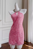 New Fashion Rose Pink Beading Sequin Sheath Short Party Dress Homecoming Dresses HZ1024