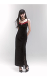 Simple Fashion Black Velvet Red Lace Spaghetti Strap Dress HZ1024