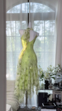 Retro Light Green Sparkling Sequin Spaghetti Strap Romantic Ball Gown Evening Dress Prom Dresses HZ1024