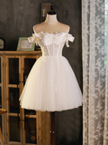 Vintage White Lace Off-the-shoulder Design A-line Tulle Party Dress Homecoming Dress HZ1024
