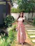 New Fashion Pink Floral Design A-line Beach Holiday Halter Dress HZ1024