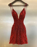 Sexy Burgundy Shiny Beaded Spaghetti Strap A-Line Short Party Dress Cocktail Dress Homecoming Dress HZ1024
