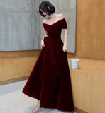 Vintage Burgundy Off-the-shoulder Velvet Design A-Line Evening Dress Prom Dress HZ1024