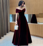 Vintage Burgundy Off-the-shoulder Velvet Design A-Line Evening Dress Prom Dress HZ1024