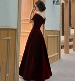 Vintage Burgundy Off-the-shoulder Velvet Design A-Line Evening Dress Prom Dress HZ1024