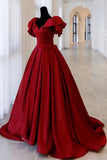 Gorgeous Burgundy V-neck Satin Puffy Sleeves Beading Sweet 16 Quinceanera A-Line Evening Dress Ball Gown HZ1024