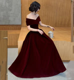 Vintage Burgundy Off-the-shoulder Velvet Design A-Line Evening Dress Prom Dress HZ1024