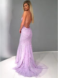 Unique Backless Mermaid Lavender Spaghetti Straps Lace Prom Dress with Appliques, Mermaid Purple Lace Formal Evening Dress HZ1024