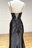 Black Long Appliques Prom Dress with Spaghetti Straps HZ1024