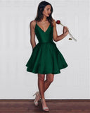 Vintage Dark Green V-neck Satin Short A-Line Party Dress Cocktail Dress Homecoming Dress HZ1024