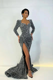 Vintage Glittering Beaded Prom Dress Sweetheart Long-sleeved Evening Gown Sheath High Slit Party Dress Long Formal Dress HZ1024