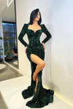 Vintage Glittering Beaded Prom Dress Sweetheart Long-sleeved Evening Gown Sheath High Slit Party Dress Long Formal Dress HZ1024