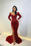 Vintage Glittering Beaded Prom Dress Sweetheart Long-sleeved Evening Gown Sheath High Slit Party Dress Long Formal Dress HZ1024