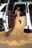 Gorgeous Golden Strapless Prom Dress Beaded Evening Gown High Slit Party Dress Trailing Long Formal Dress HZ1024