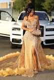 Gorgeous Golden Strapless Prom Dress Beaded Evening Gown High Slit Party Dress Trailing Long Formal Dress HZ1024