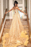 Gorgeous Golden Strapless Prom Dress Beaded Evening Gown High Slit Party Dress Trailing Long Formal Dress HZ1024