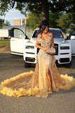Gorgeous Golden Strapless Prom Dress Beaded Evening Gown High Slit Party Dress Trailing Long Formal Dress HZ1024